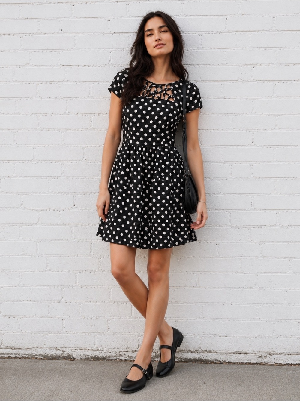 Polka Dot Fit-and-Flare Dress in Black and White